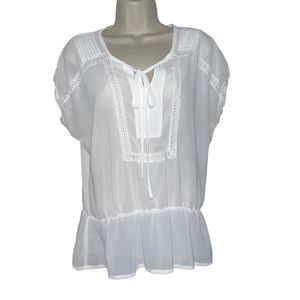 Jennie & Marlis white semi sheer, tie neck cap sleeve peplum blouse, small